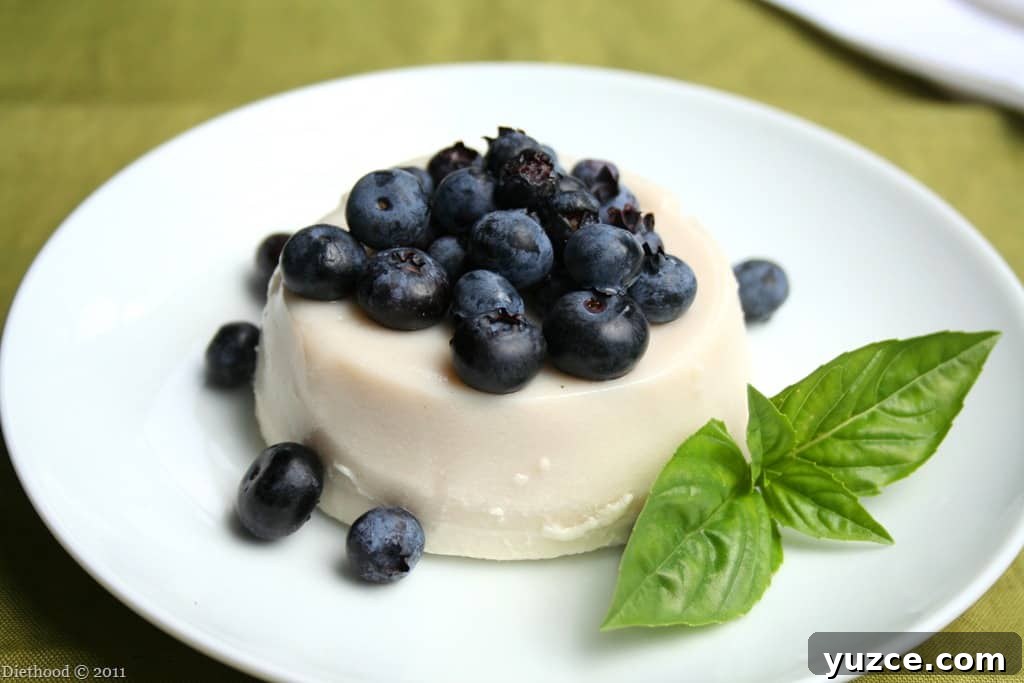 This easy panna cotta recipe is a creamy, custard-like dessert made with milk, cream, and gelatin. It's a quick, no-bake treat that’s perfect to make ahead. Panna cotta served on a plate topped with blueberries.