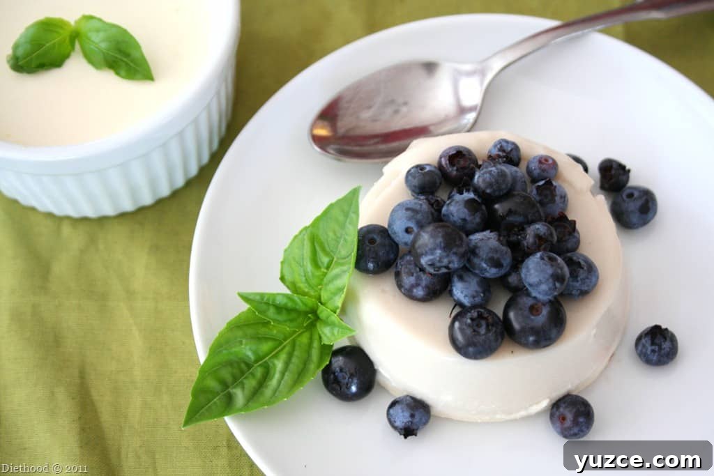 This easy panna cotta recipe is a creamy, custard-like dessert made with milk, cream, and gelatin. It's a quick, no-bake treat that’s perfect to make ahead. Fresh blueberries set over panna cotta served on a dessert plate with a spoon to the side.