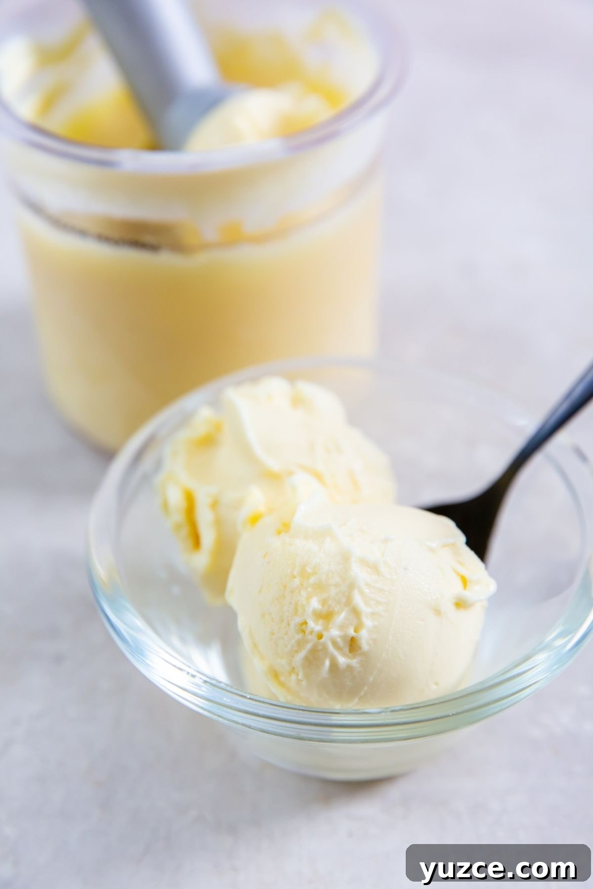 Creamy Eggnog Ice Cream Recipe for Holiday Desserts 2 Ninja Creami Eggnog Ice Cream in a clear bowl with a spoon in it