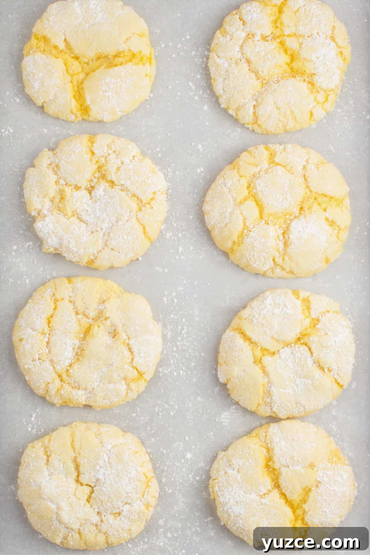 Chewy Lemon Cake Mix Cookies: Quick Citrus Cookie Recipe 9 eight lemon cake mix cookies on a baking sheet lined with parchment paper sitting on a granite counter