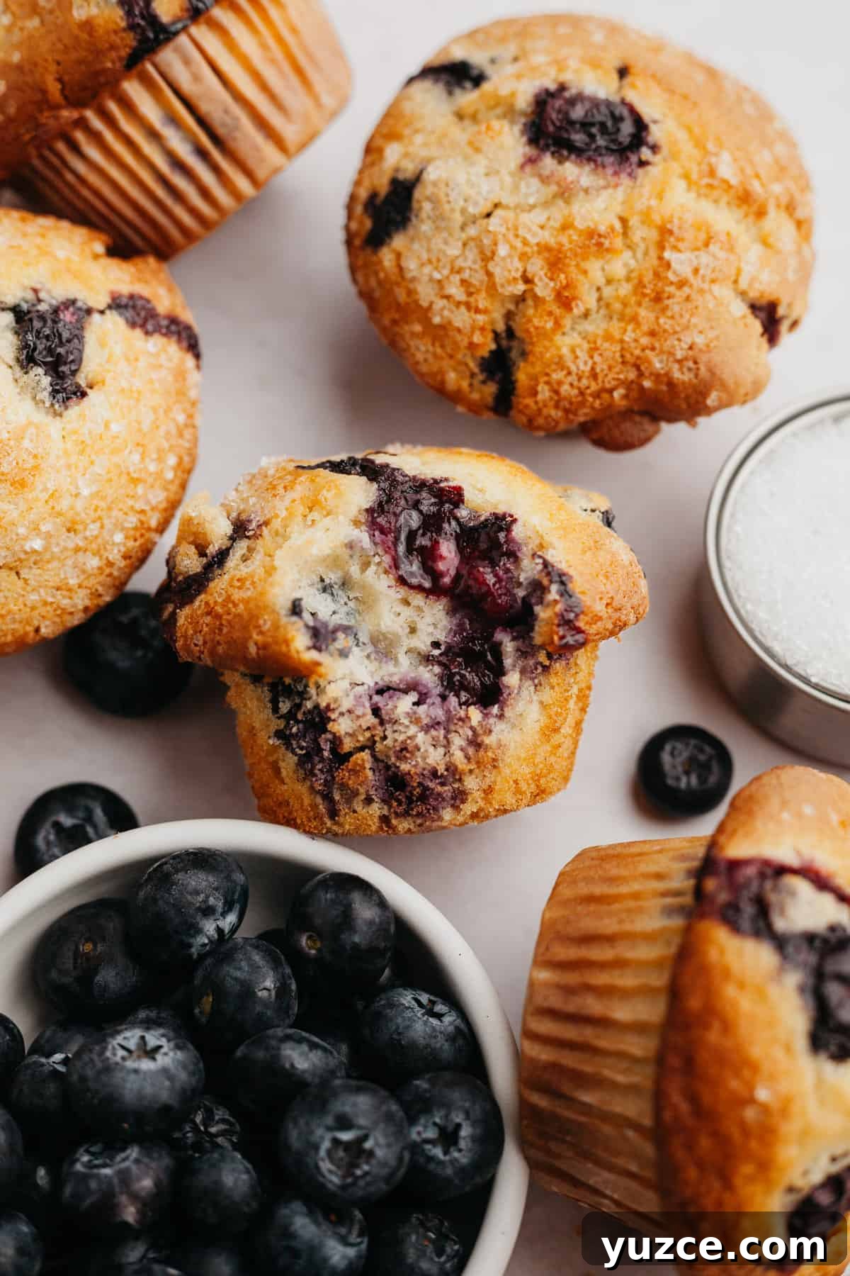 Bakery-Style Buttermilk Blueberry Muffins Recipe 2 A close up of a blueberry muffin with a bite taken out of it.