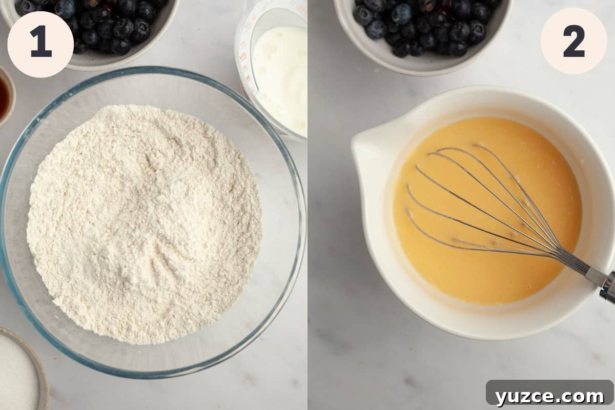 Bakery-Style Buttermilk Blueberry Muffins Recipe 4 A bowl with flour and a white bowl with a yellow mixture in it.