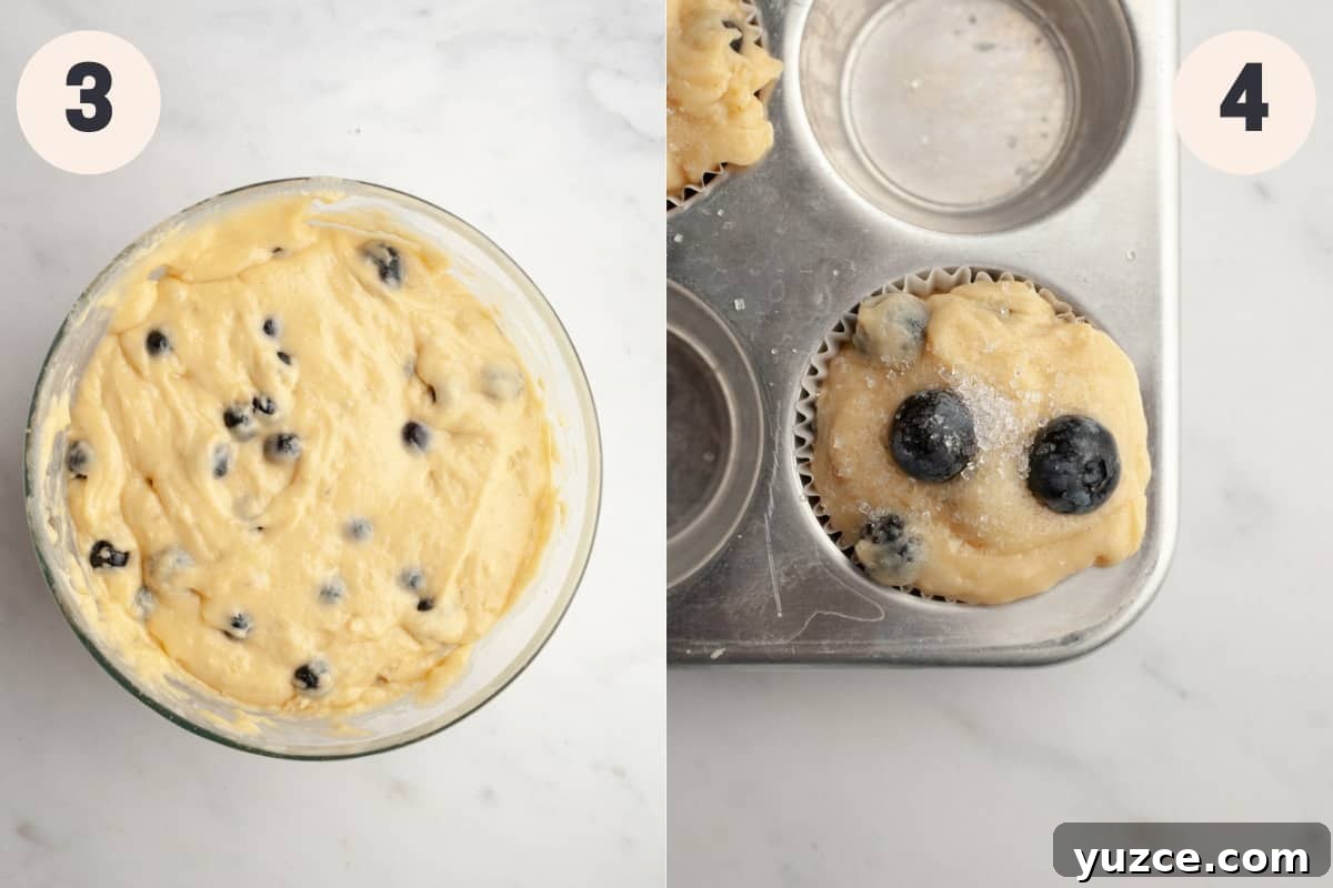Bakery-Style Buttermilk Blueberry Muffins Recipe 5 A bowl with blueberry muffin batter in it and a close up of a muffin pan with unbaked blueberry muffins.