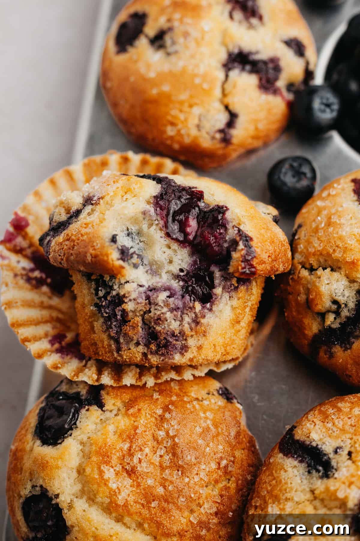 Bakery-Style Buttermilk Blueberry Muffins Recipe 7 A close up of a blueberry muffin with a bite taken out of it.