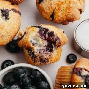 Bakery-Style Buttermilk Blueberry Muffins Recipe 8 A close up of a blueberry muffin with a bite taken out of it.