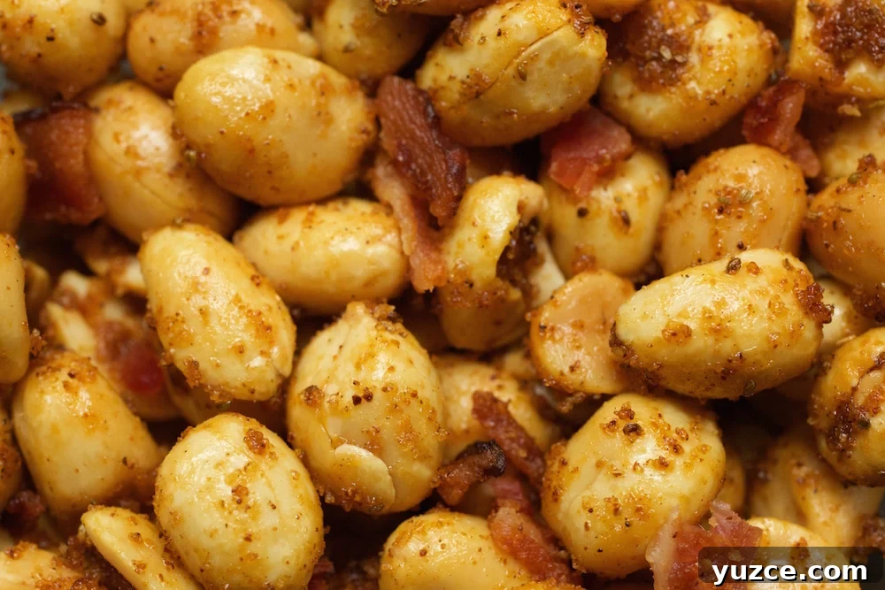 Savory Old Bay Spiced Peanuts — Crunchy Snack Recipe 3 Extreme close up of Old Bay & Bacon seasoned peanuts.