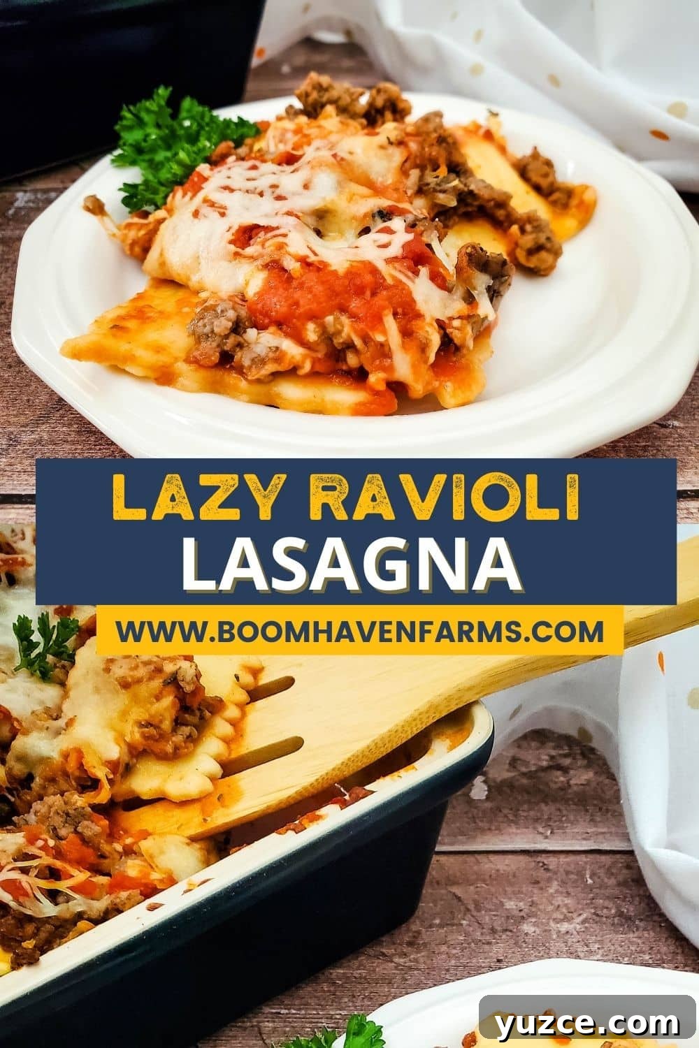 Quick Ravioli Lasagna Recipe for Busy Weeknight Dinners 12 Collage image of lazy lasagna ravioli finished and being served on white dish.