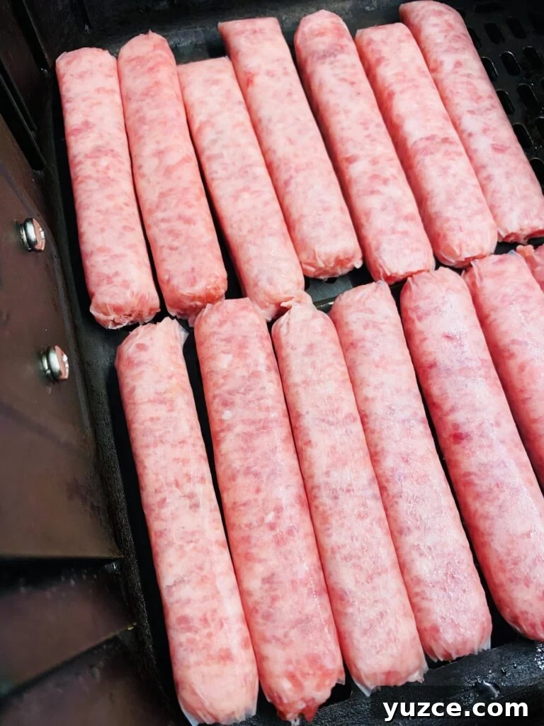 Sausage Pancake Corn Dogs Recipe: Crispy Breakfast on a Stick 3 sausage links in air fryer before cooking