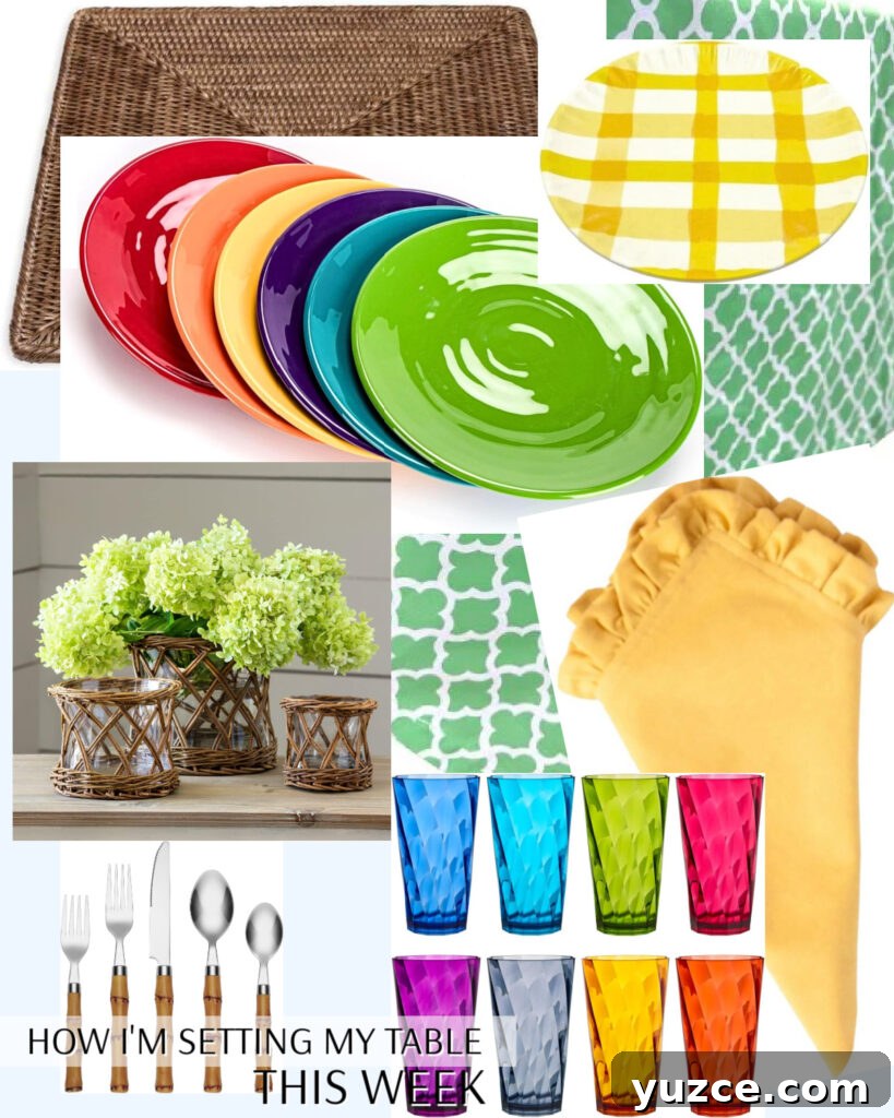 Pineapple Burgers and Creamy Pasta Salad — Monday Menu #315 4 Colorful summer table setting ideas with family friendly melamine dishes and rattan accents.