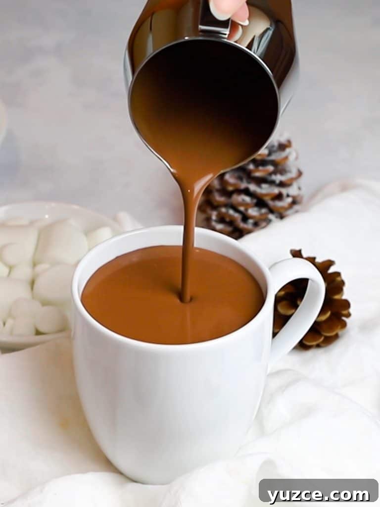 Decadent Homemade Hot Chocolate Recipe — Rich, Creamy & Velvety 16 homemade hot chocolate being poured into a white mug