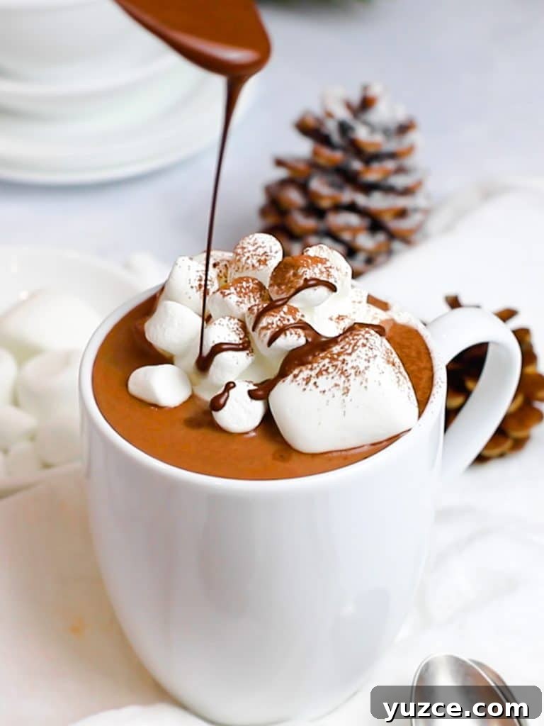Decadent Homemade Hot Chocolate Recipe — Rich, Creamy & Velvety 20 creamy homemade hot chocolate topped with marshmallows and drizzled with chocolate syrup