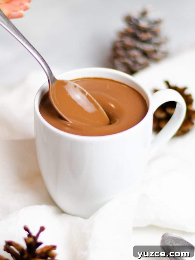 Decadent Homemade Hot Chocolate Recipe — Rich, Creamy & Velvety 3 rich and creamy homemade hot chocolate in a white mug with a spoon