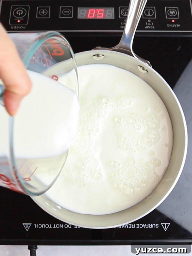 Decadent Homemade Hot Chocolate Recipe — Rich, Creamy & Velvety 7 milk being poured into a pot on a burner