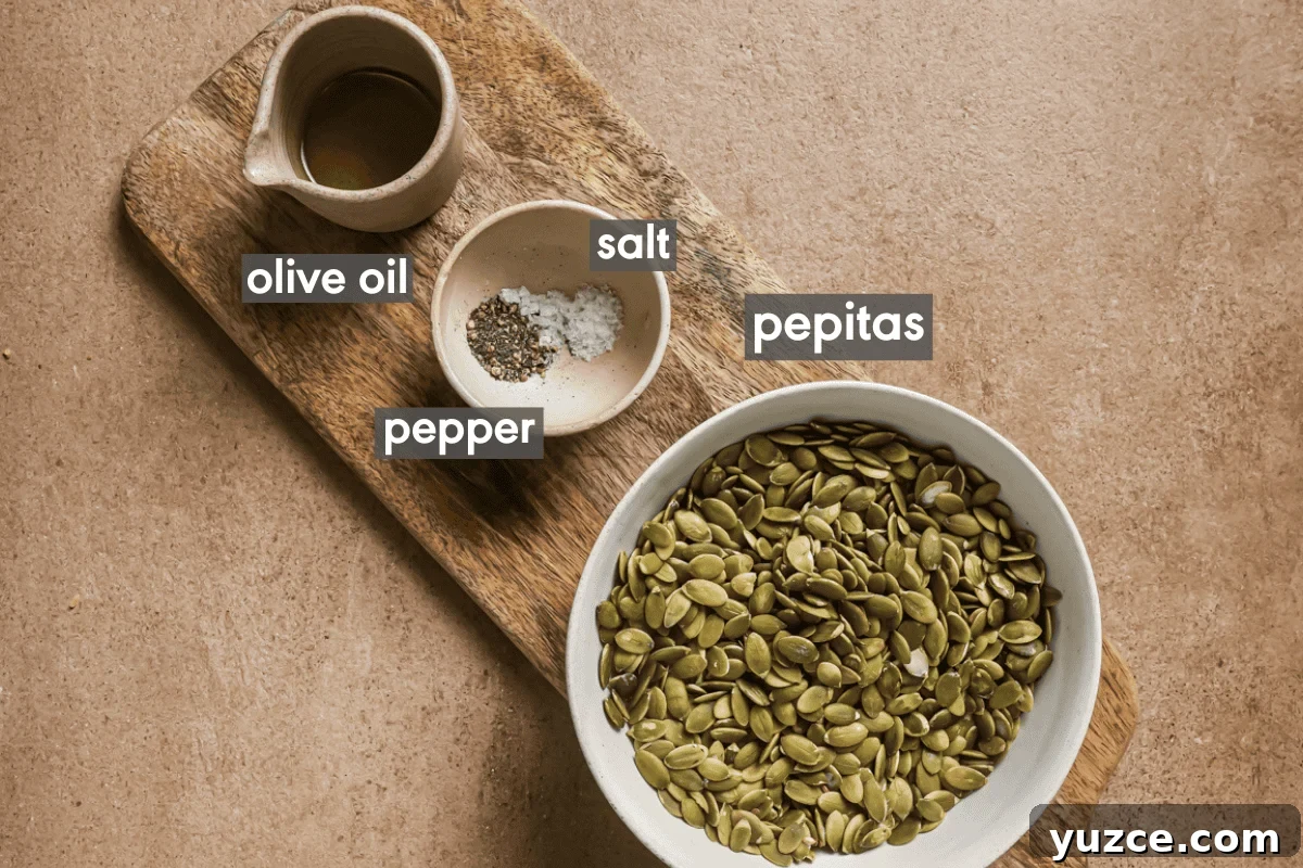 Crispy Oven-Roasted Pepitas with Sea Salt 5 roasted pepitas ingredients in bowls on a wooden cutting board.