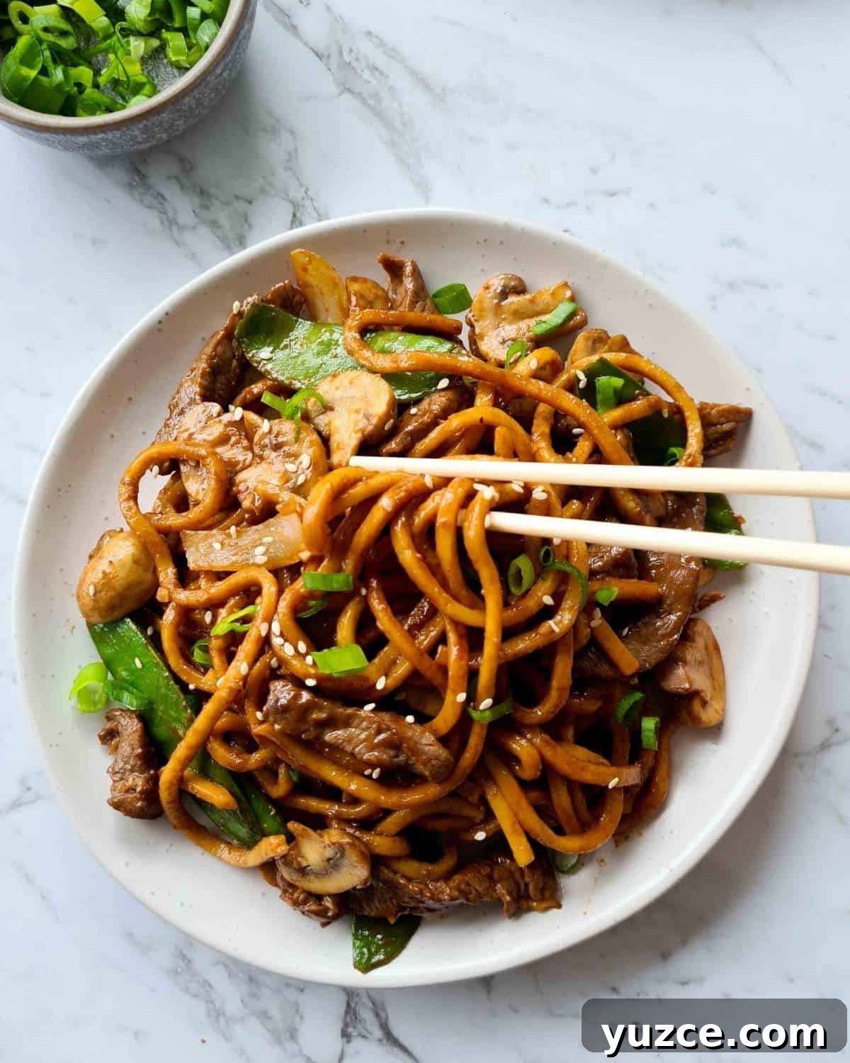 Beef Noodle Stir-Fry with Garlic and Sesame Sauce 13 Cooked noodle stir fry in a white plate with a pair of chopsticks