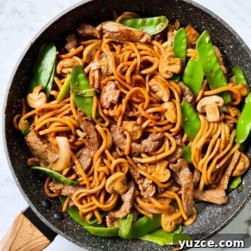 Beef Noodle Stir-Fry with Garlic and Sesame Sauce 14 Noodle stir fry in a black pan