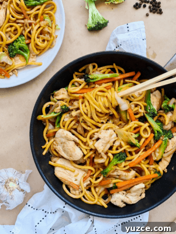 Stir fried noodle in a black pan