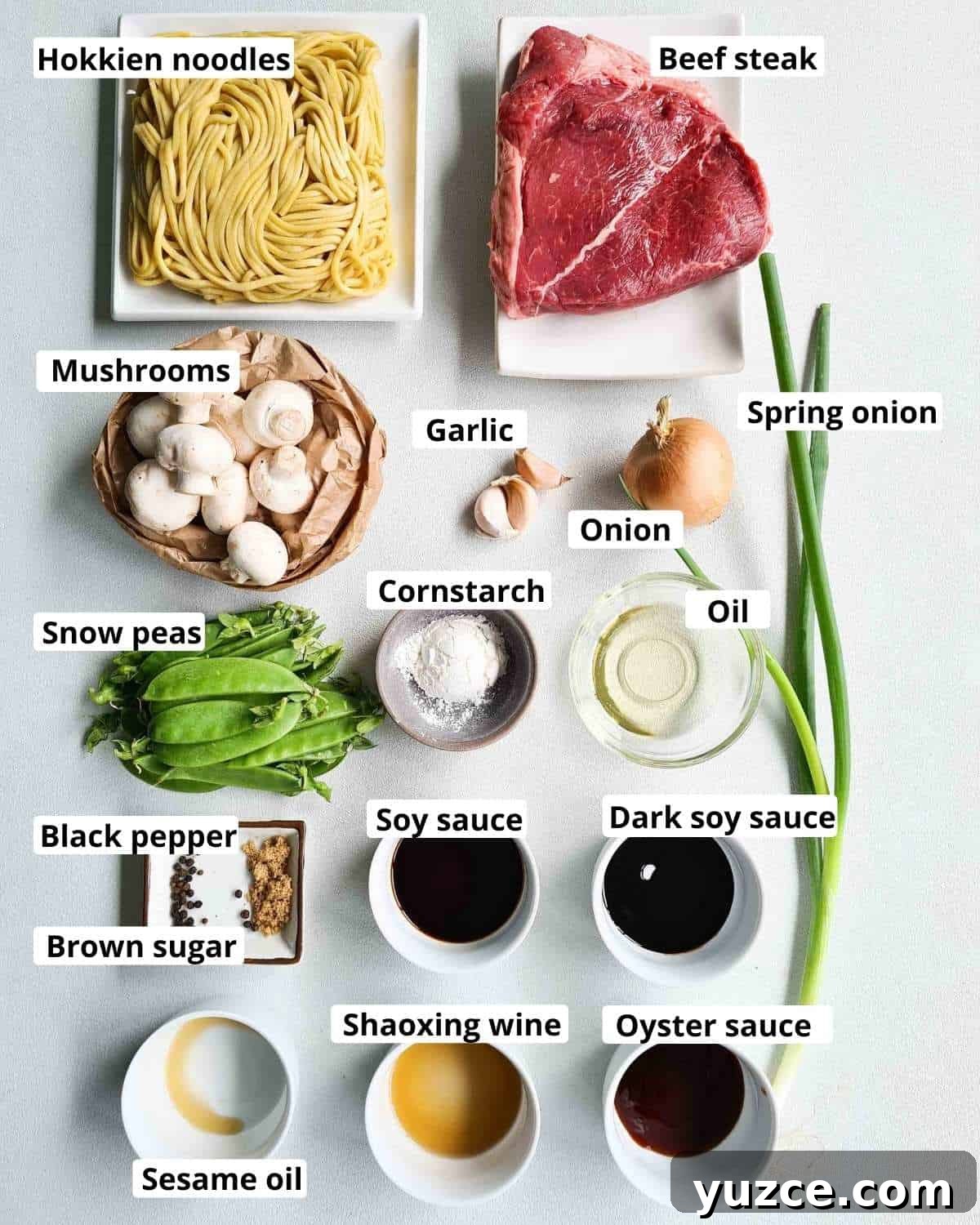Beef Noodle Stir-Fry with Garlic and Sesame Sauce 4 Ingredients required to make this recipe, labeled.
