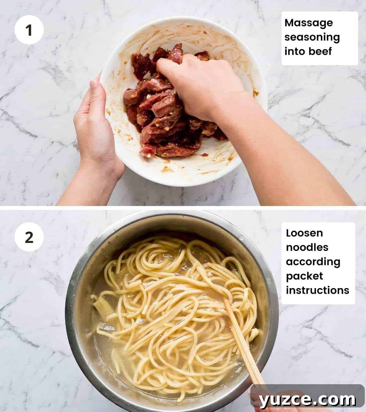 Beef Noodle Stir-Fry with Garlic and Sesame Sauce 6 Step by step cooking instructions collage part 1