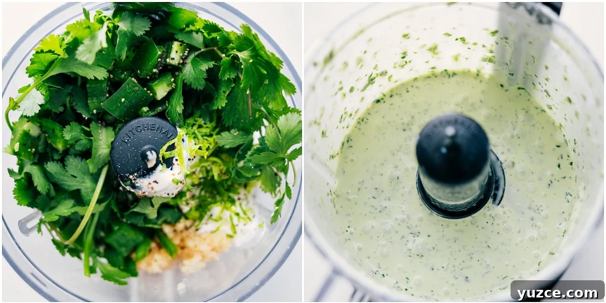 How To Make The Best Cilantro Lime Shrimp Tacos Sauce The cilantro lime sauce being blended together for this shrimp tacos recipe.