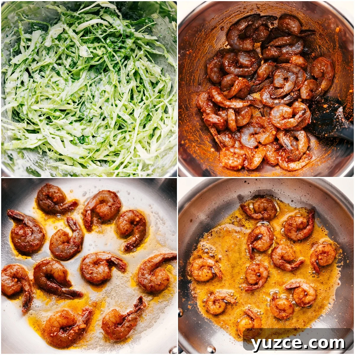 How To Make The Shrimp Tacos Slaw Topping Cabbage slaw tossed in cilantro lime sauce while shrimp is seasoned and cooked in a pan.