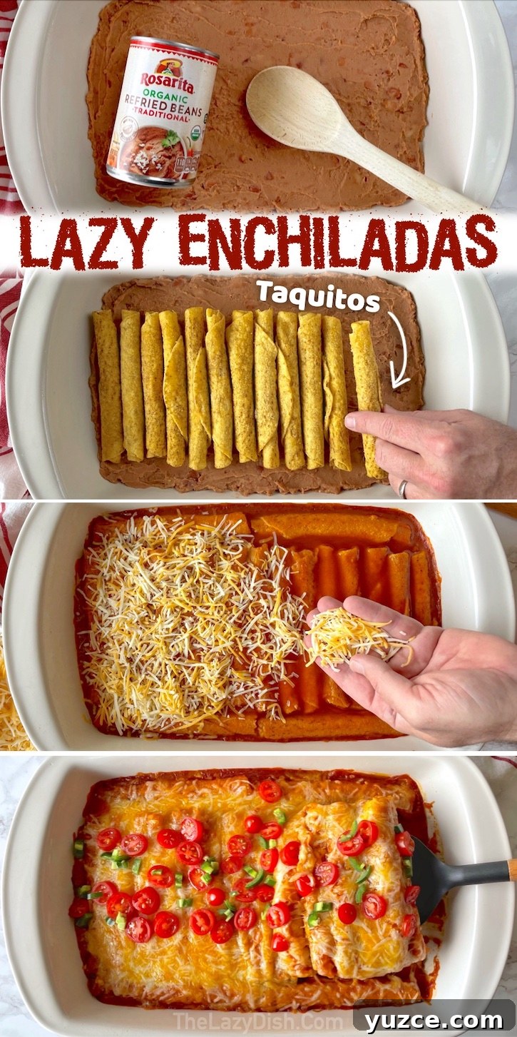 Quick Frozen Taquito Enchiladas: 30-Minute Weeknight Recipe 2 If you're looking for quick and easy dinner recipes for a family with kids, this frozen taquito casserole is the laziest meal you'll ever make! It's so simple to make with just a few cheap ingredients including frozen taquitos, refried beans, enchilada sauce, and cheese! It's perfect for busy moms and dads on a budget with picky eaters to feed. It's basically a dump meal that comes together in less than 30 minutes (most of that being the baking time). The oven does all the work for you!