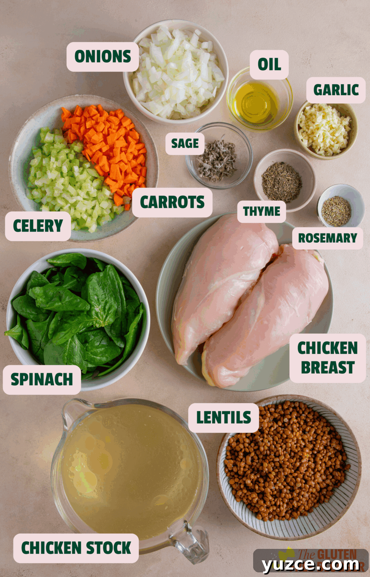 Hearty Chicken and Lentil Soup Recipe for Cozy Weeknights 4 Ingredients for chicken and lentil soup including chicken, lentils, broth, vegetables and herbs.