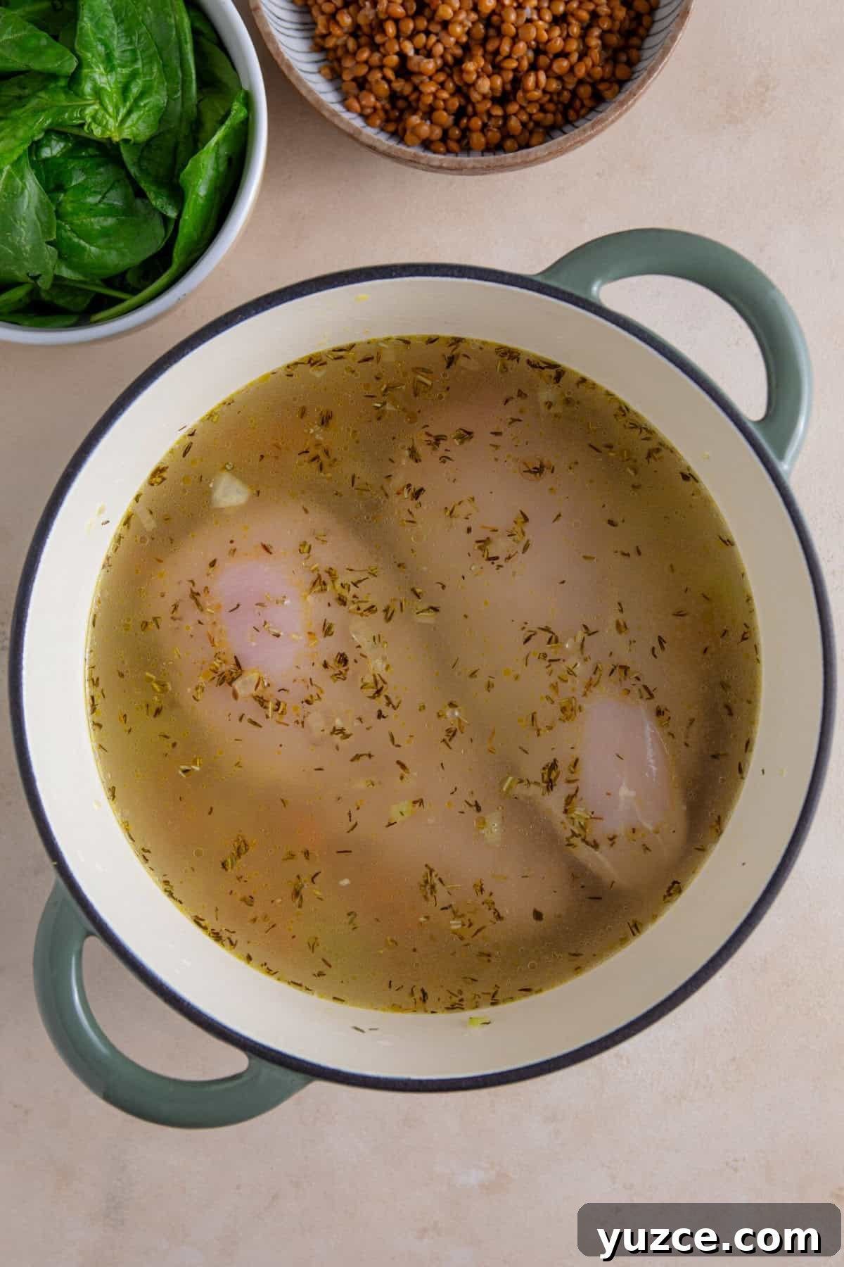 Hearty Chicken and Lentil Soup Recipe for Cozy Weeknights 6 A process shot of chicken and lentil soup making showing the stock and raw chicken breasts added to a pan.