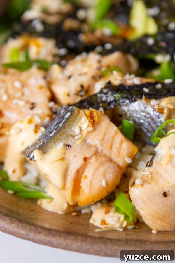 Grilled Salmon Bowl with Quinoa, Avocado & Citrus Dressing 3 close up on cooked king salmon in a bowl with seaweed, sesame seeds, and green onions.