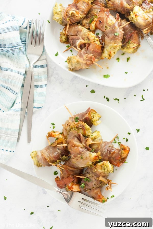 Garlic Shrimp with Pesto and Crispy Prosciutto 4 This Shrimp with Pesto and Prosciutto recipe is seriously easy and tastes delicious. It's super quick to make (10-15 minutes tops!!) and uses only 3 ingredients making it the perfect starter for a dinner party or a girls night!