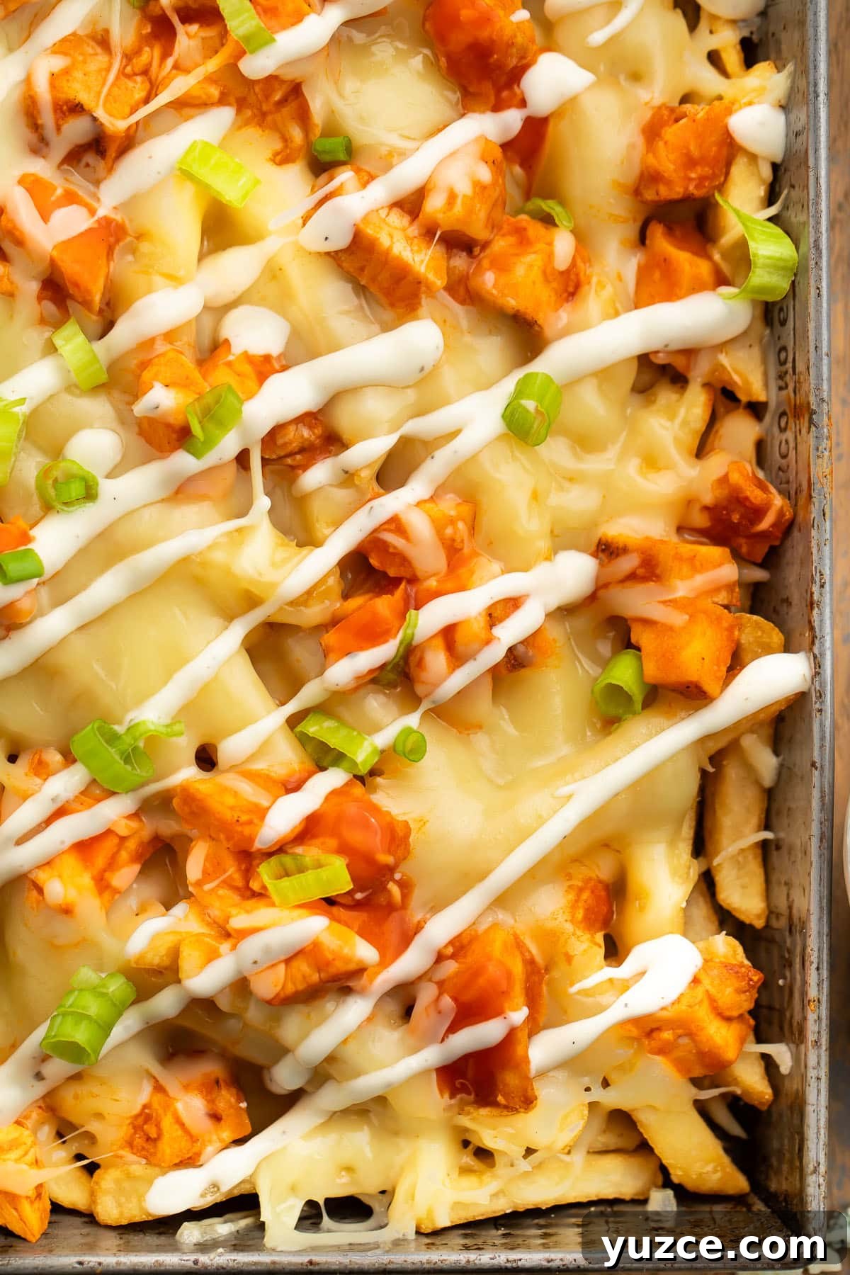 Crispy Buffalo Chicken Fries Recipe with Tangy Ranch Dip 3 Overhead view of a rectangular baking pan holding french fries topped with buffalo chicken, green onions, and a ranch dressing drizzle.