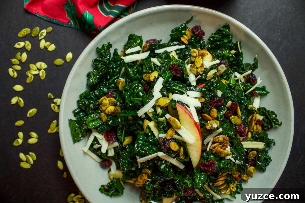 Winter Kale Salad with Roasted Butternut & Cranberry Vinaigrette 5 kale salad with cranberries, cheese, pumpkin seeds, and apples