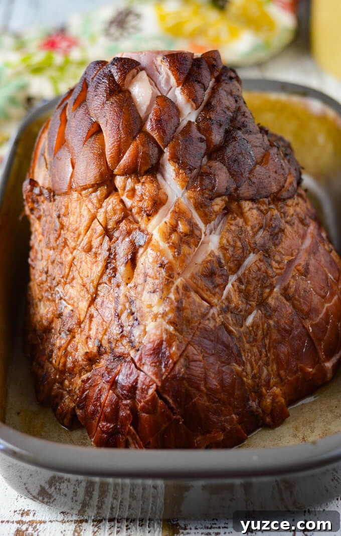 Brown Sugar and Whole Grain Mustard Glazed Baked Ham 3 A bone-in Ham with diamond shaped scoring sits in a shallow roasting pan ready to go in the oven.