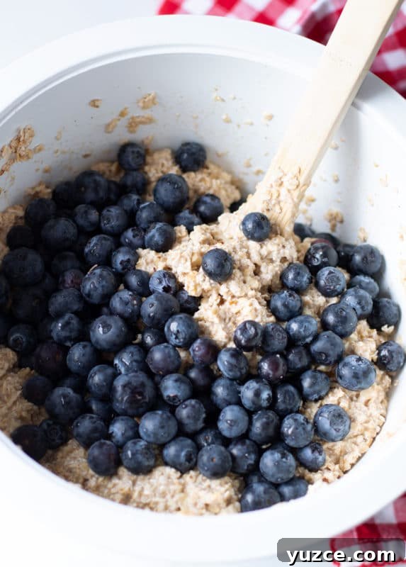 White bowl containing oatmeal mixture topped with fresh blueberries, wooden spoon in bowl.