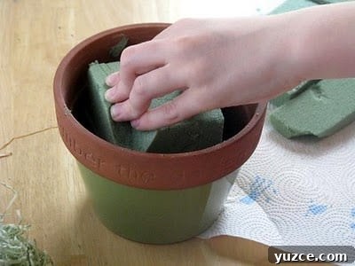 Spring Topiary Ideas to Refresh Your Garden Today 5 hand placing floral foam into flower pot