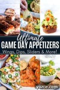 The Ultimate list of Game Day Appetizers perfect for tailgating, watch parties and of course Super Bowl! A great combination of dips, sliders, chicken wings, nachos and finger foods. This collections has something for everyone including meat, vegetarian and vegan options! #SuperBowl #GameDay #PartyFood #Appetizers Pin image for game day appetizers showing collage of six images with text in the middle.