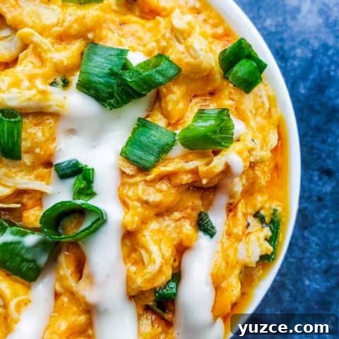 Overhead close up shot of baked buffalo chicken dip in a white bowl.