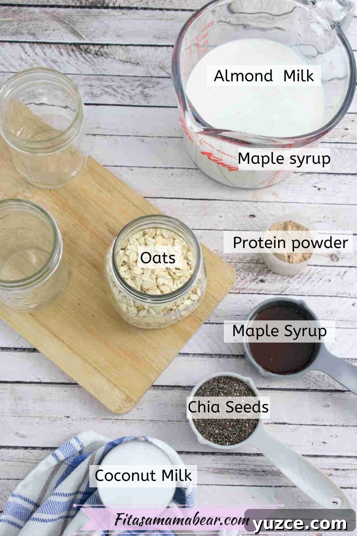 Protein-Packed Overnight Oats Recipe for Quick Breakfast 3 Multiple ingredients for overnight protein oats in measuring cups with text labels over top.