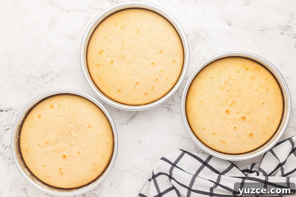 Elegant White Wedding Cake Ideas for Timeless Celebrations 11 3 baked wedding cake layers in round cake pans.