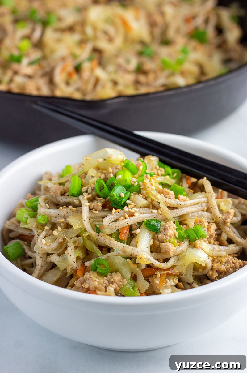 Crispy Egg Roll Soba Noodle Bowl with Sesame Ginger Sauce 3 egg roll soba noodles in white bowl with black pan