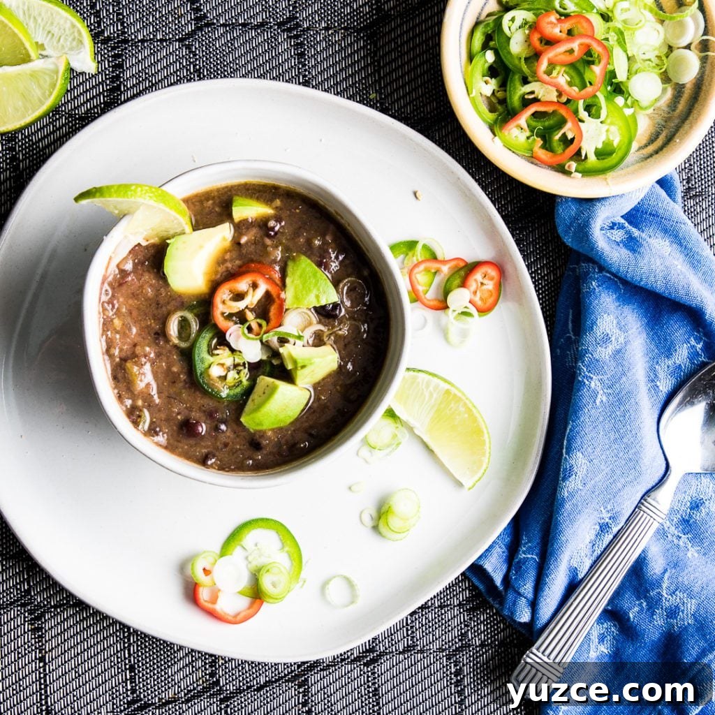 Black bean soup with scattered toppings. Lime wedges, sliced jalapenos, scallions, chips.