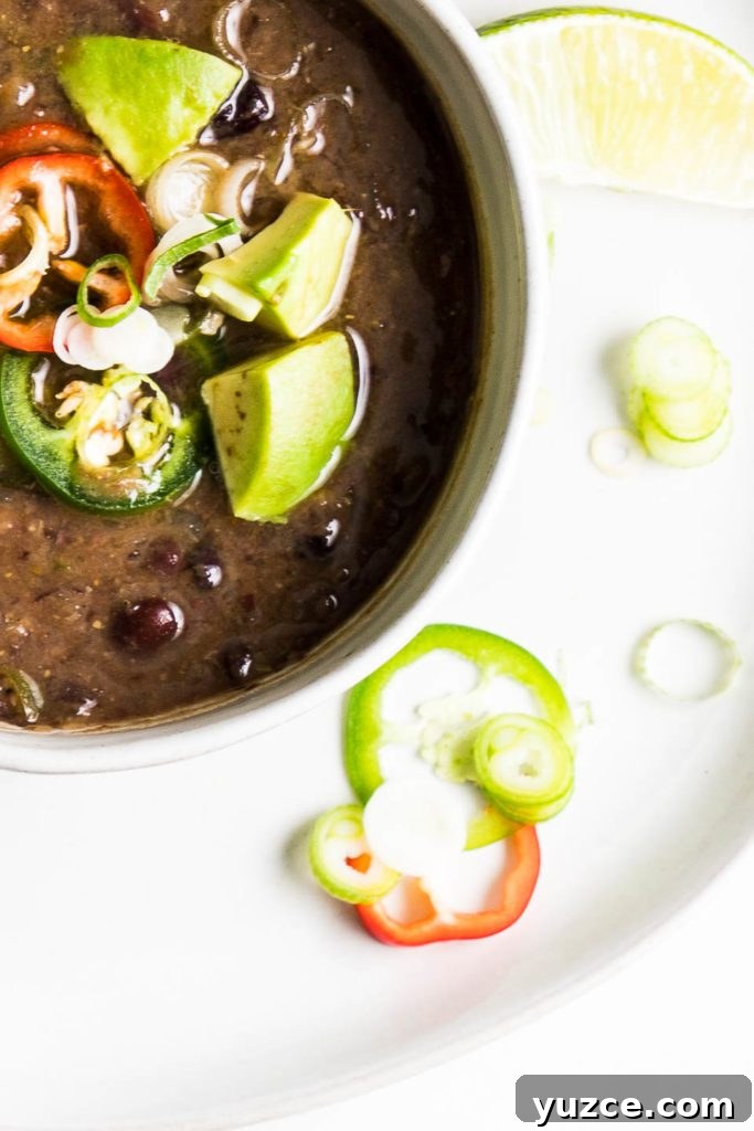 Avocado chunks, jalapenos, lime and scallions top black bean soup.