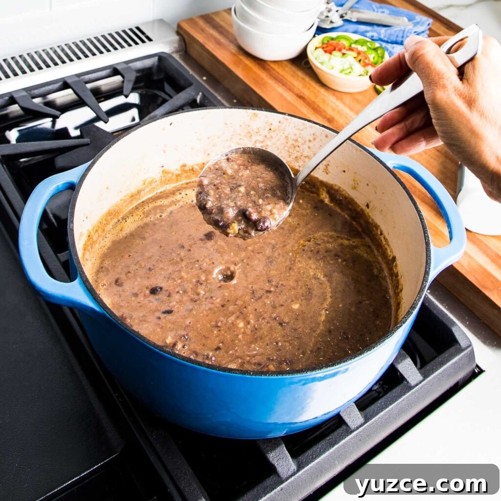 Ladle of black bean soup coming out of a blue dutch oven filled with pureed soup.