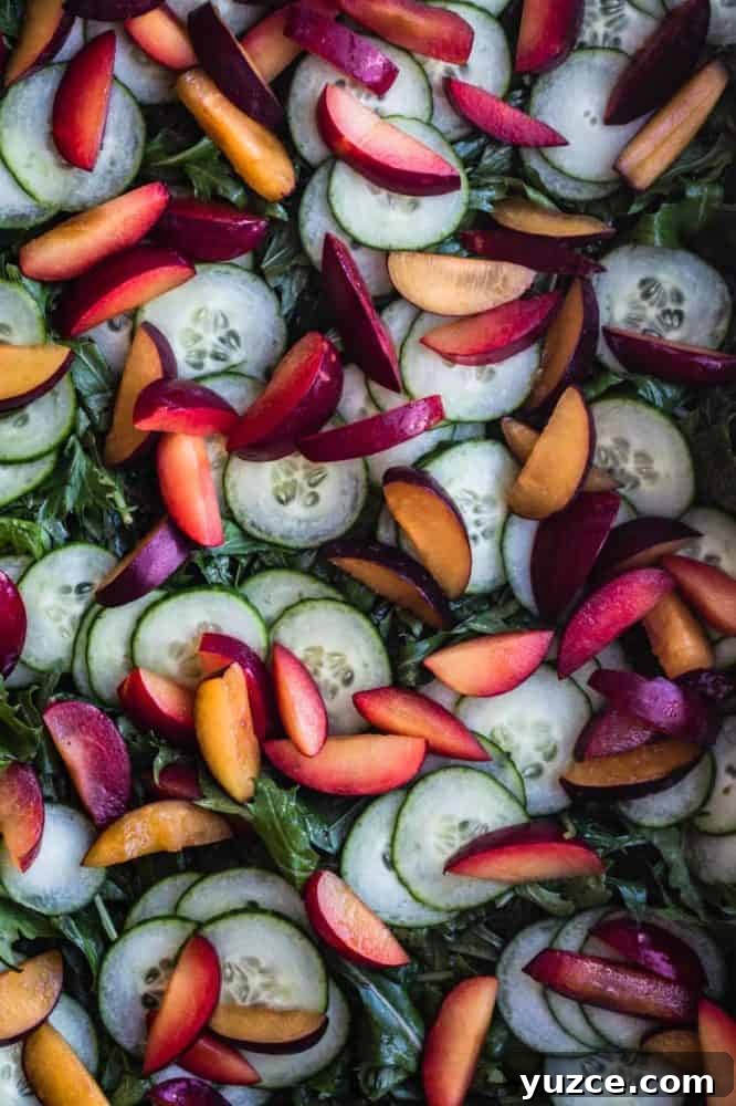 Plum and Cucumber Salad with Roasted Ginger Vinaigrette 6 Mizuna lettuce topped with cucumbers and plums.