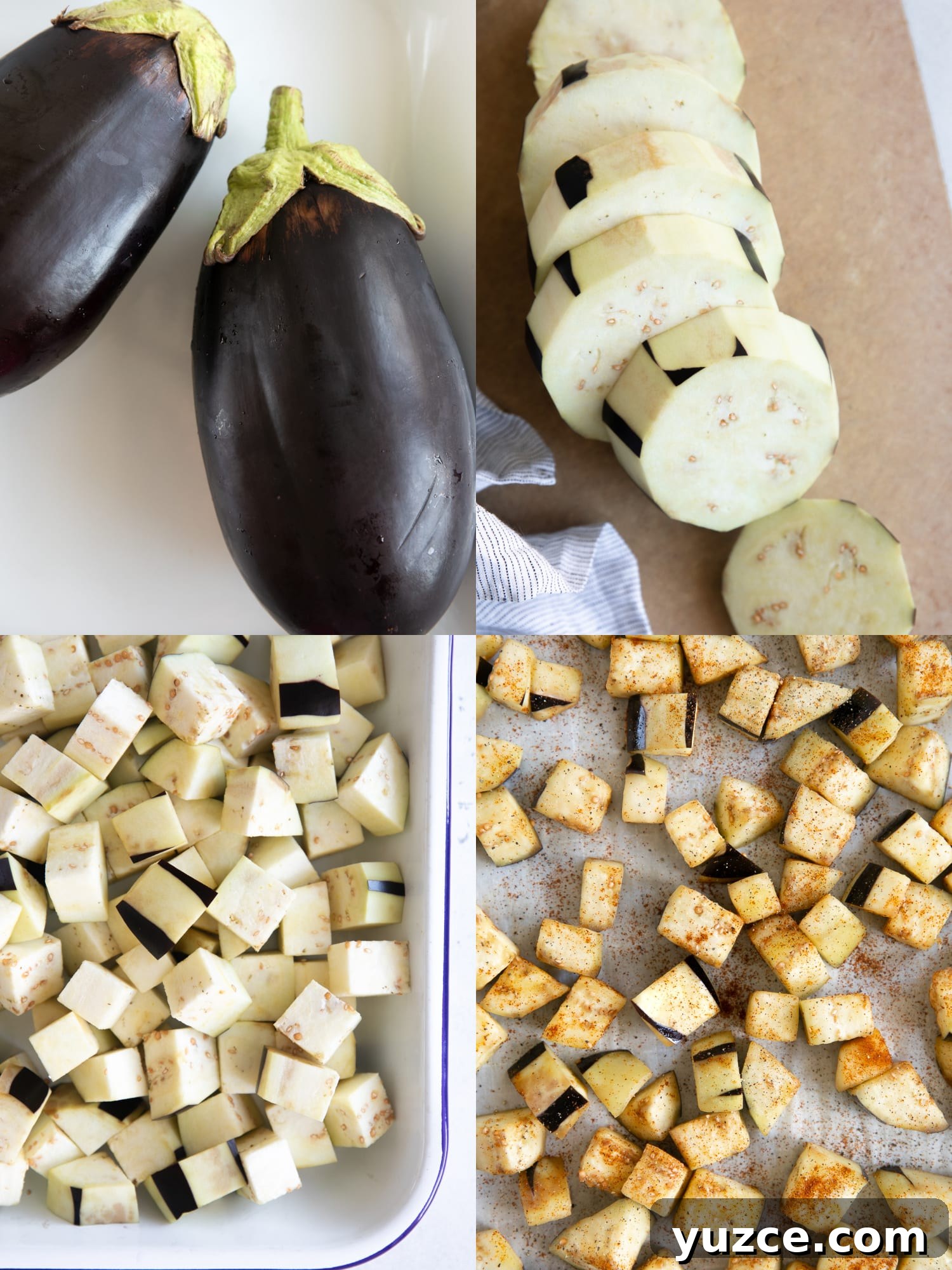 Crispy Oven-Roasted Eggplant with Garlic and Herbs 3 Collage of eggplants whole, sliced, and cubed ready for roasting.