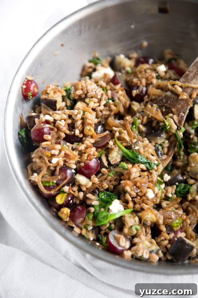 Crispy Oven-Roasted Eggplant with Garlic and Herbs 6 Mixed farro salad with roasted eggplant, grapes, feta, and greens.