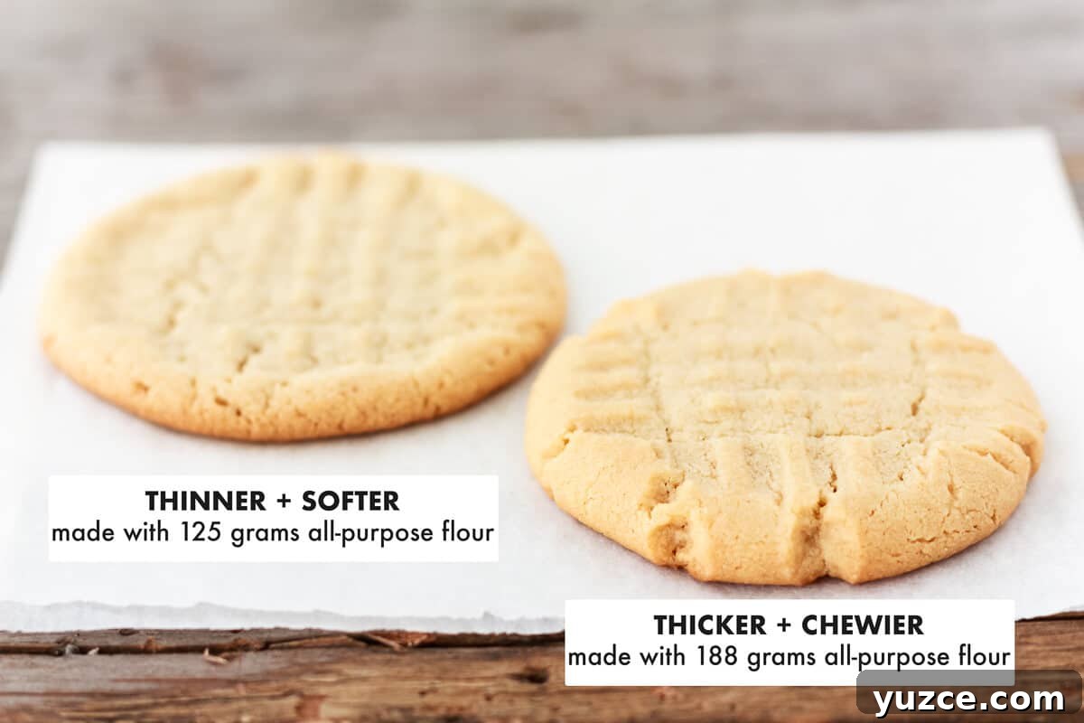 Classic Peanut Butter Cookies Made with Natural Peanut Butter 4 Comparing two peanut butter cookies, one made with more flour to create a thicker, chewier cookie, and one made with less flour to create a thinner, softer cookie.