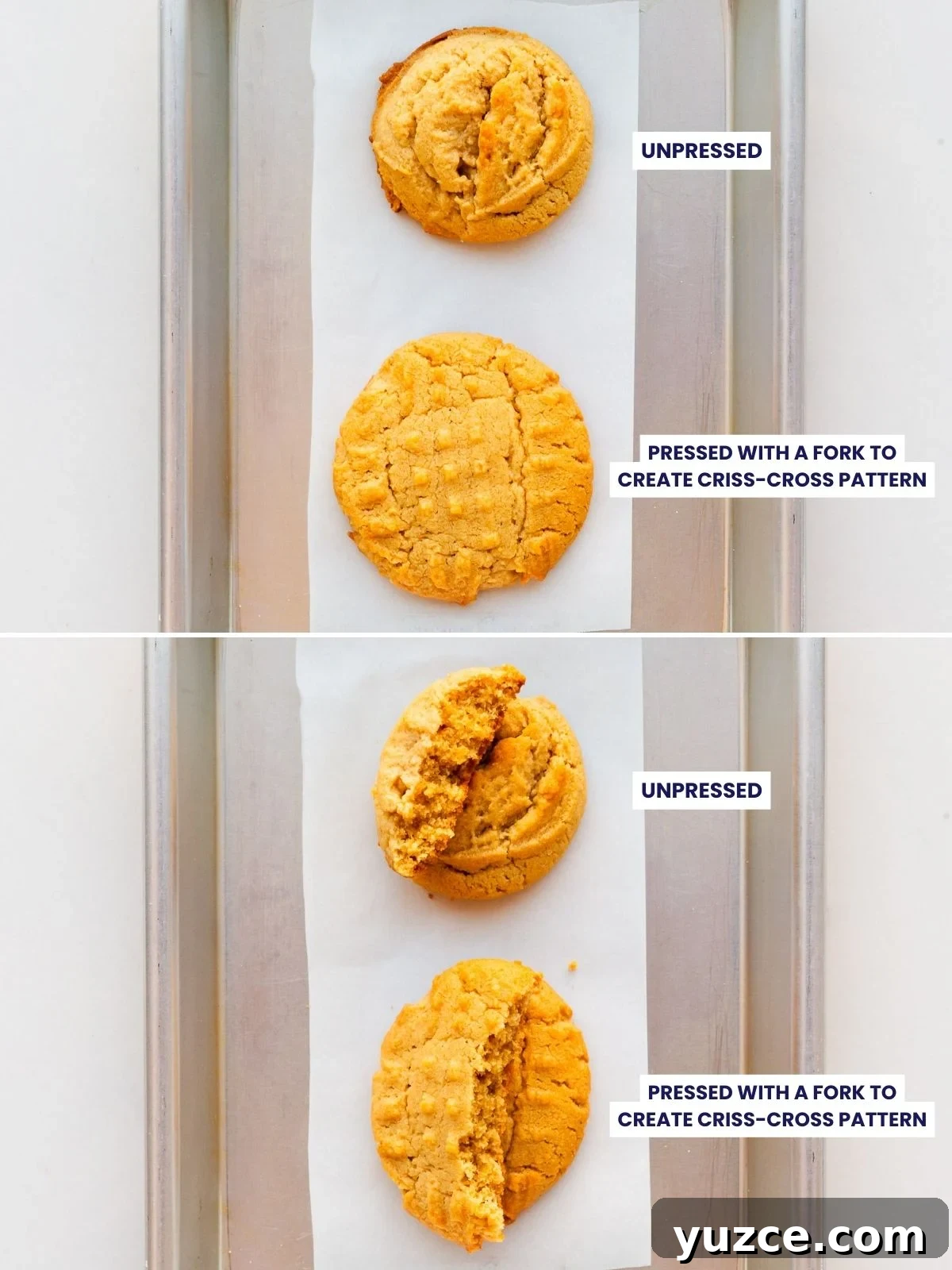 Classic Peanut Butter Cookies Made with Natural Peanut Butter 5 Comparing a peanut butter cookie pressed with a fork (or not) to create that criss-cross pattern. The pressed cookie bakes thinner and more spread out than the unpressed cookies.