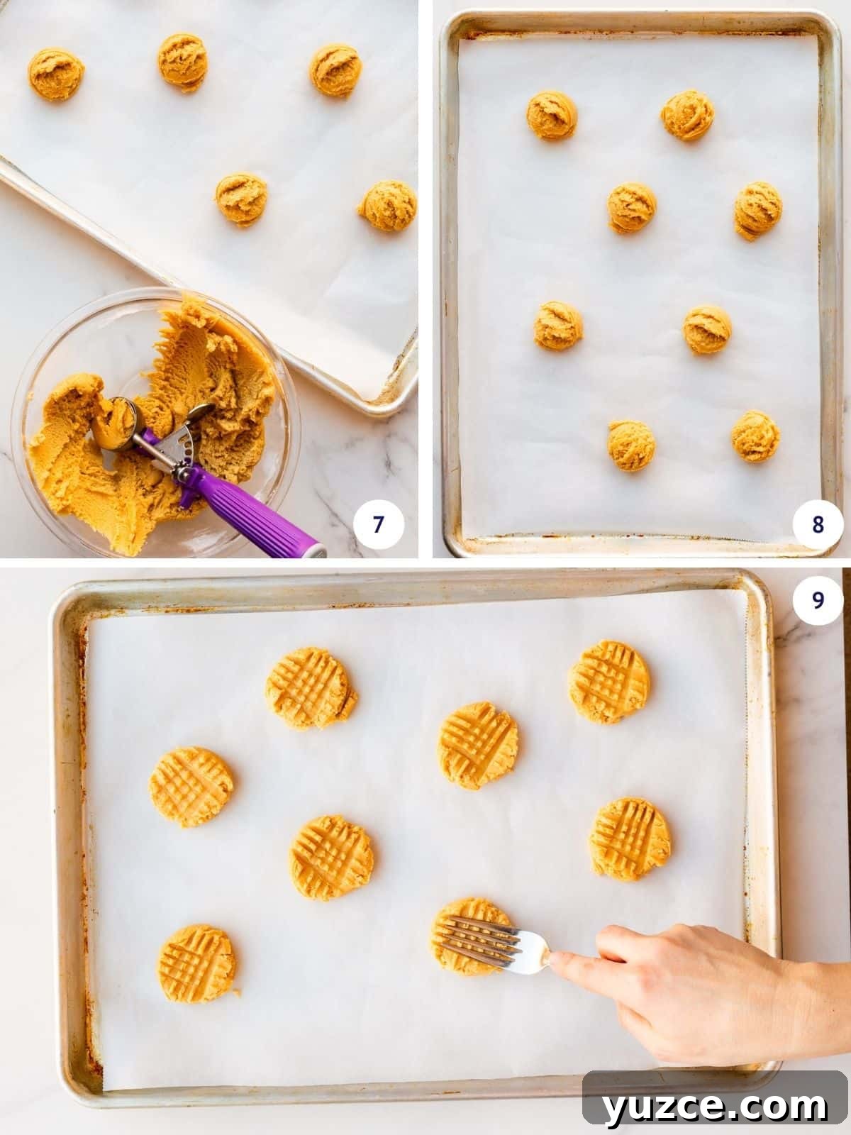 Classic Peanut Butter Cookies Made with Natural Peanut Butter 8 Scooping peanut butter cookie dough onto a parchment paper-lined sheet pan and pressing each scoop with a fork to create a criss-cross pattern.