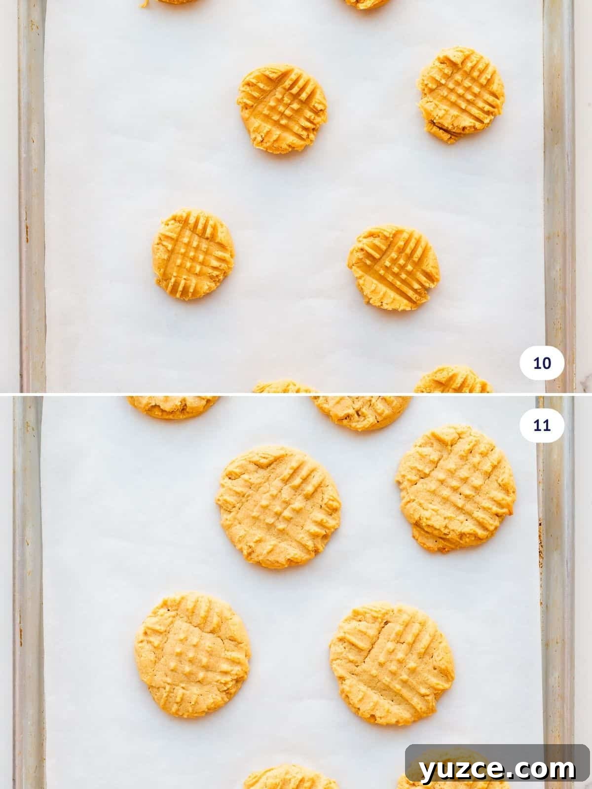 Classic Peanut Butter Cookies Made with Natural Peanut Butter 9 Peanut butter cookies with criss-cross fork pattern before and after baking on a parchment paper-lined sheet pan.